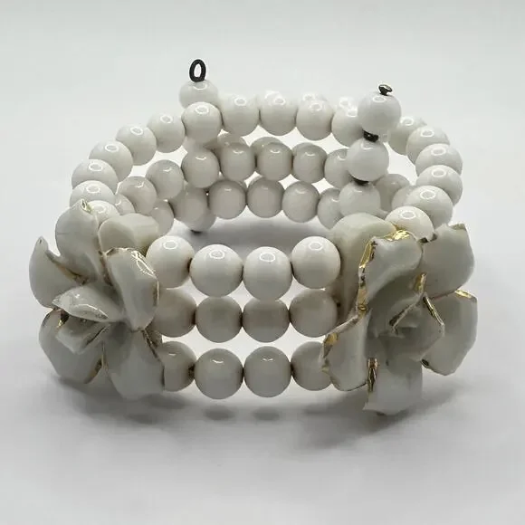 Vintage Japanese porcelain white milk glass beads beaded wrap cuff bracelet - Picture 1 of 12